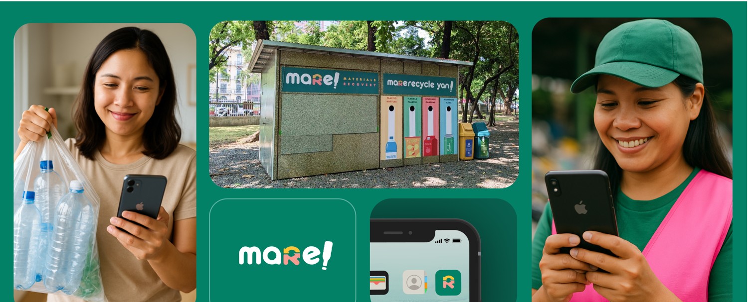 Mare! brand lifestyle — recyclers, a MARE! recycle yard, and the app in use