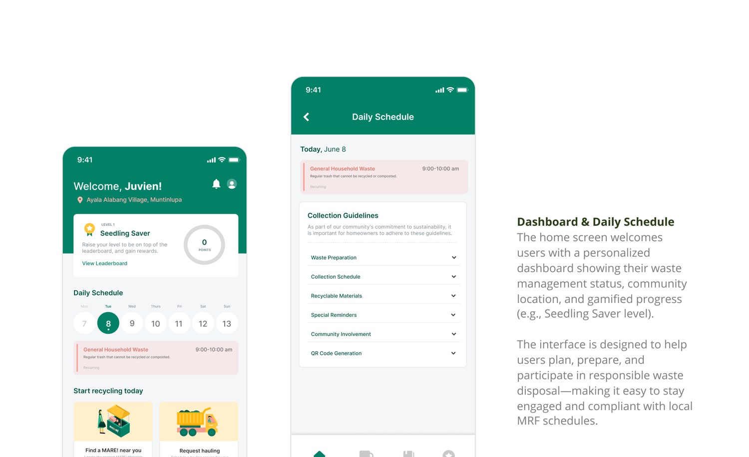 Home dashboard and daily schedule